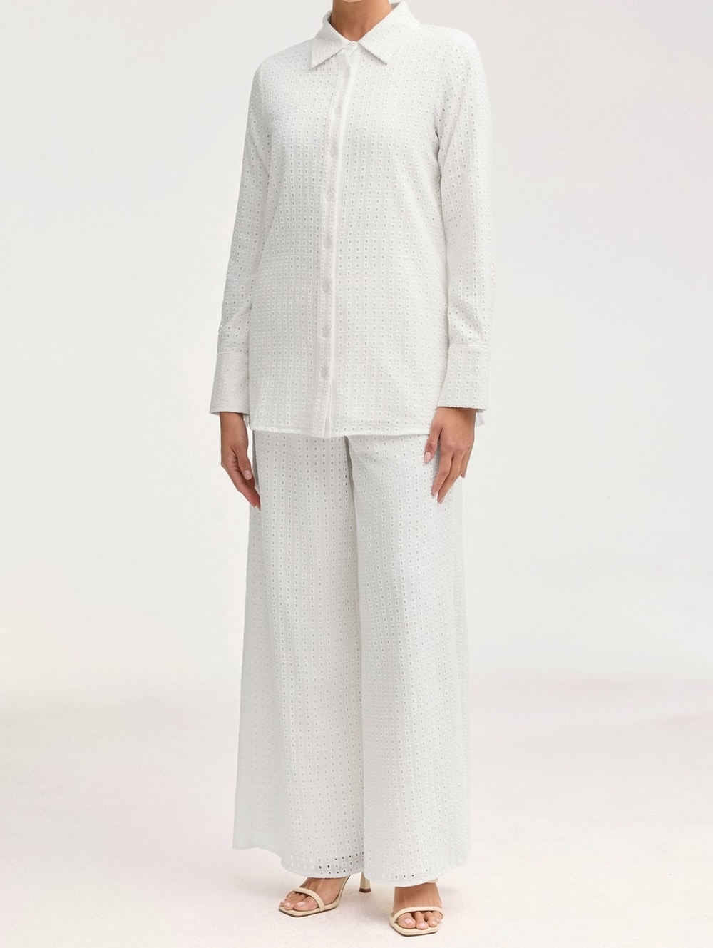 White Eyelet Button-Up Shirt & Wide Leg Pants Set